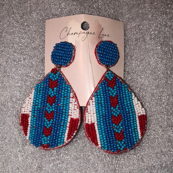 Champagne Lane Blue, Red & White Beaded Earrings - Picture 1 of 3